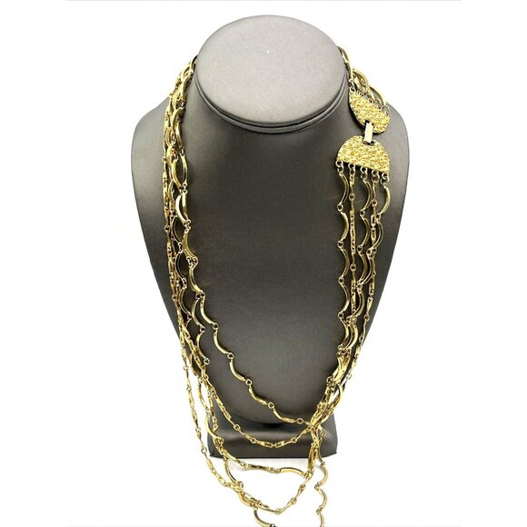 Vintage 5 Strand Bar Link Statement Layered Gold Tone Necklace 22" - Picture 3 of 8